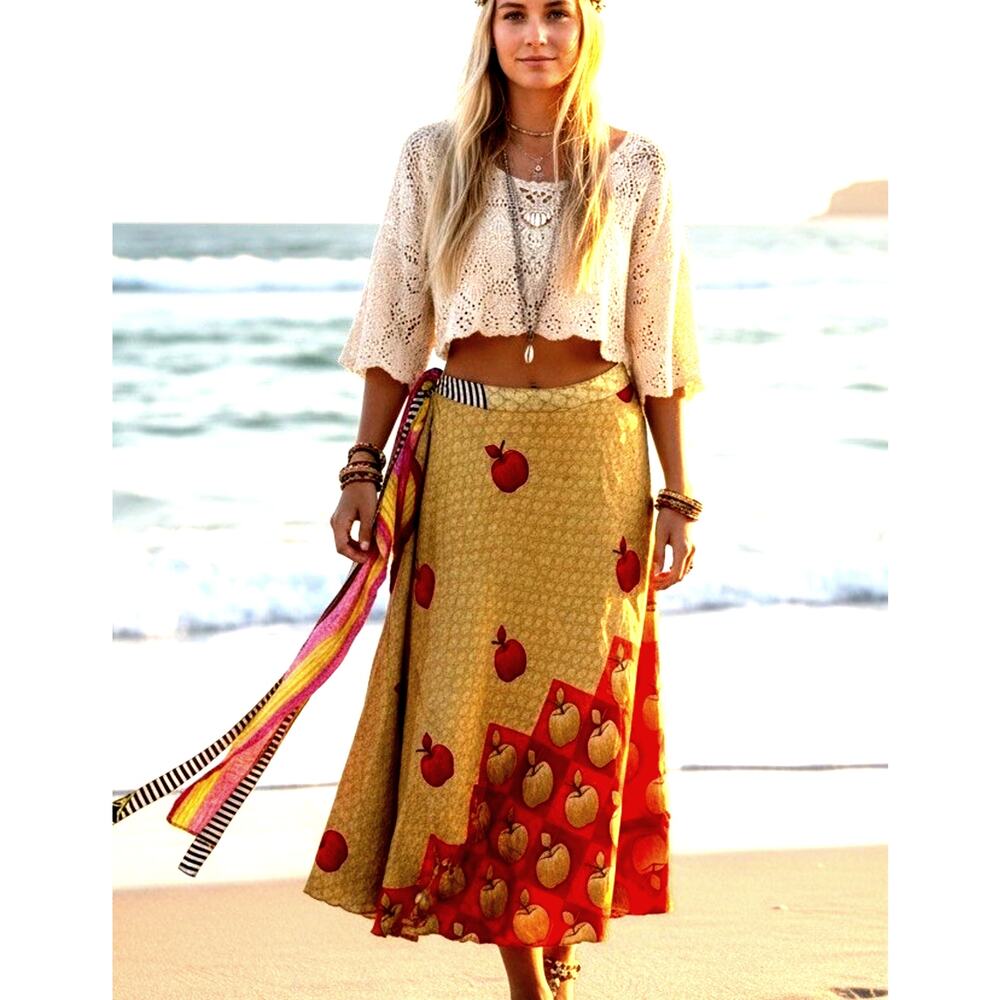Boho Hippie Silk Wrap Skirt Apple Teacher Gypsy Reversible Red Gold Sari Maxi OS